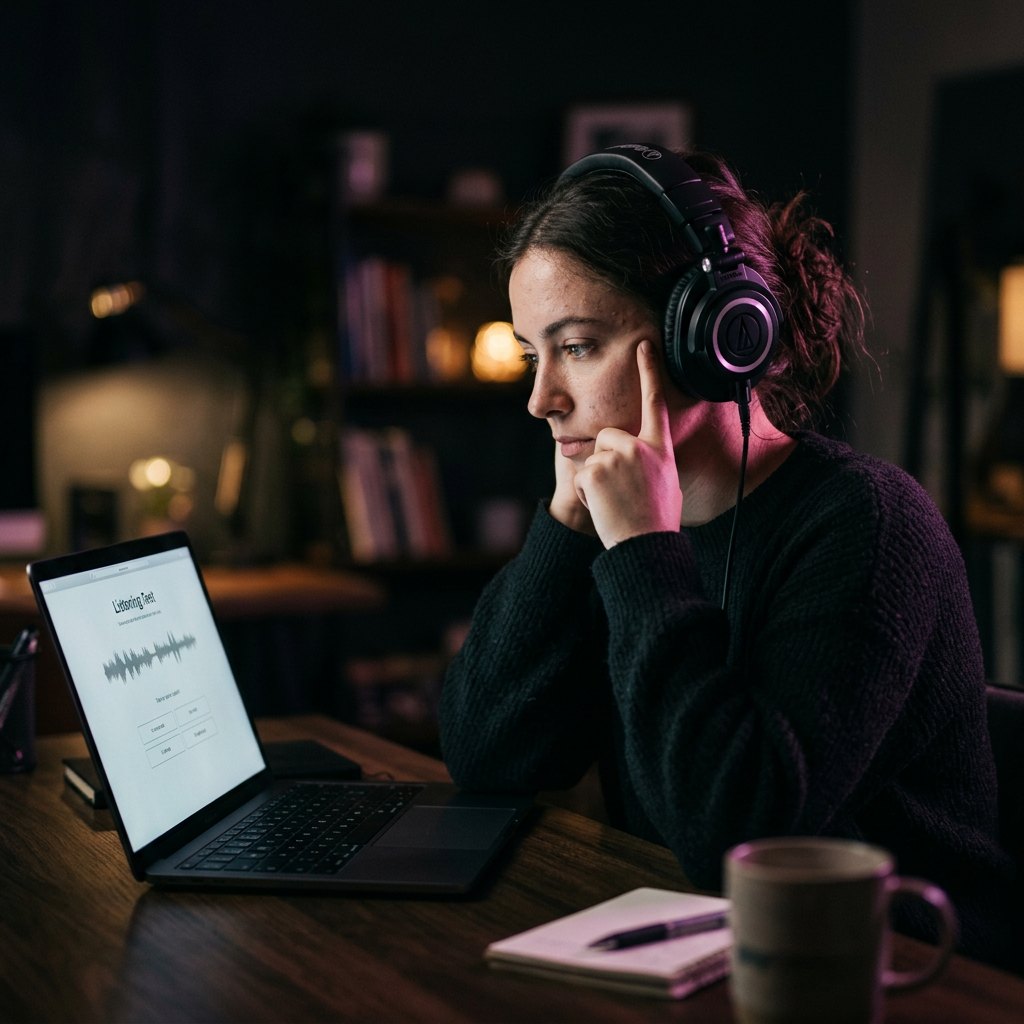 A student wearing headphones during a listening test