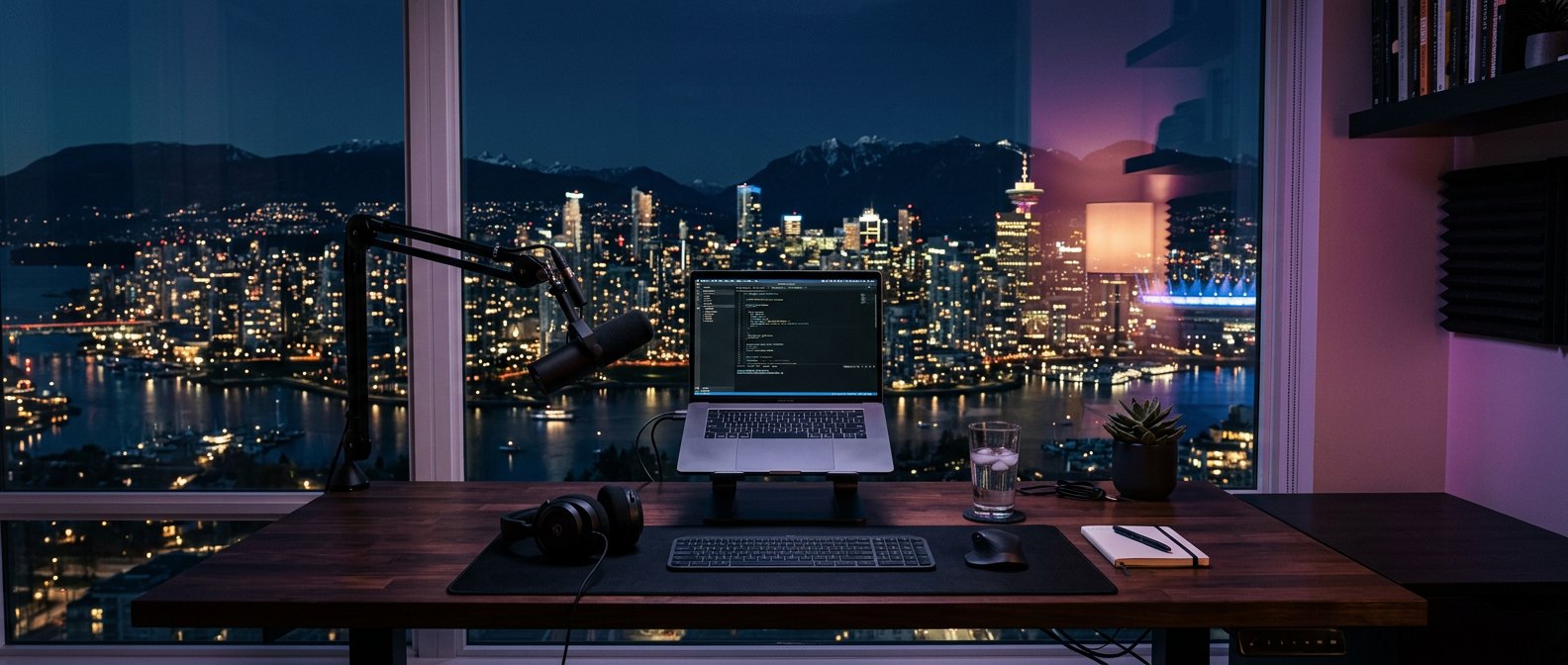 A quiet study desk overlooking the Vancouver skyline at night