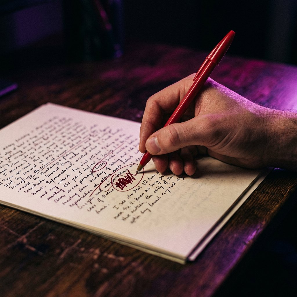 A trainer marking a written essay with a red pen