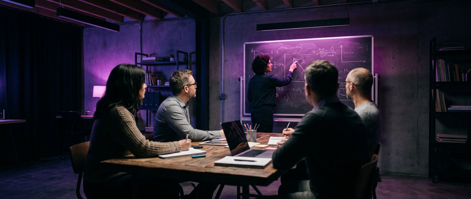 A group workshop with a teacher at the whiteboard