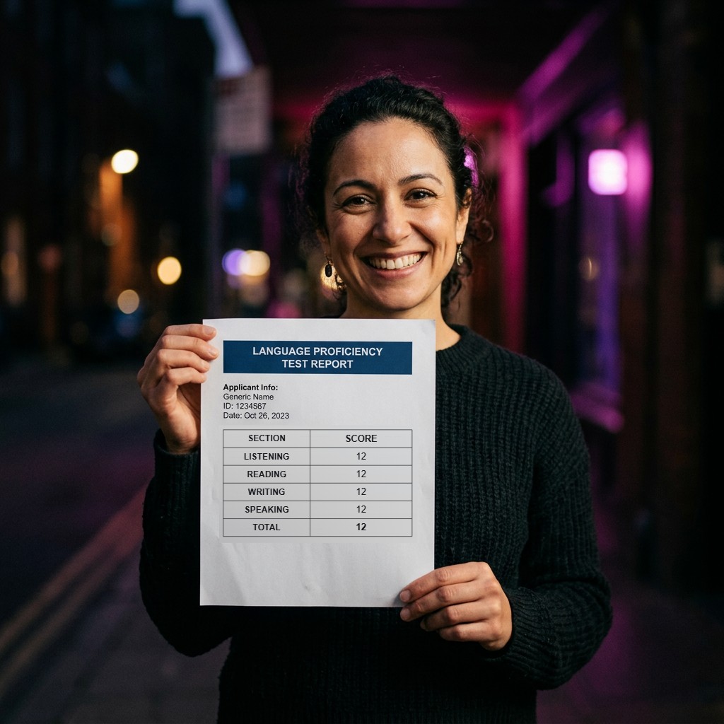 A smiling student holding up a language test score report