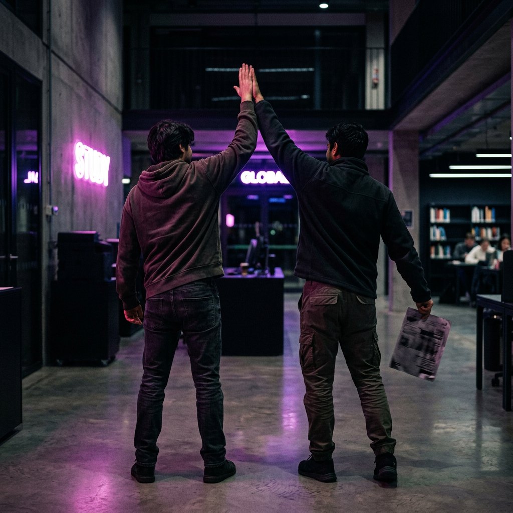 Two students celebrating a test result
