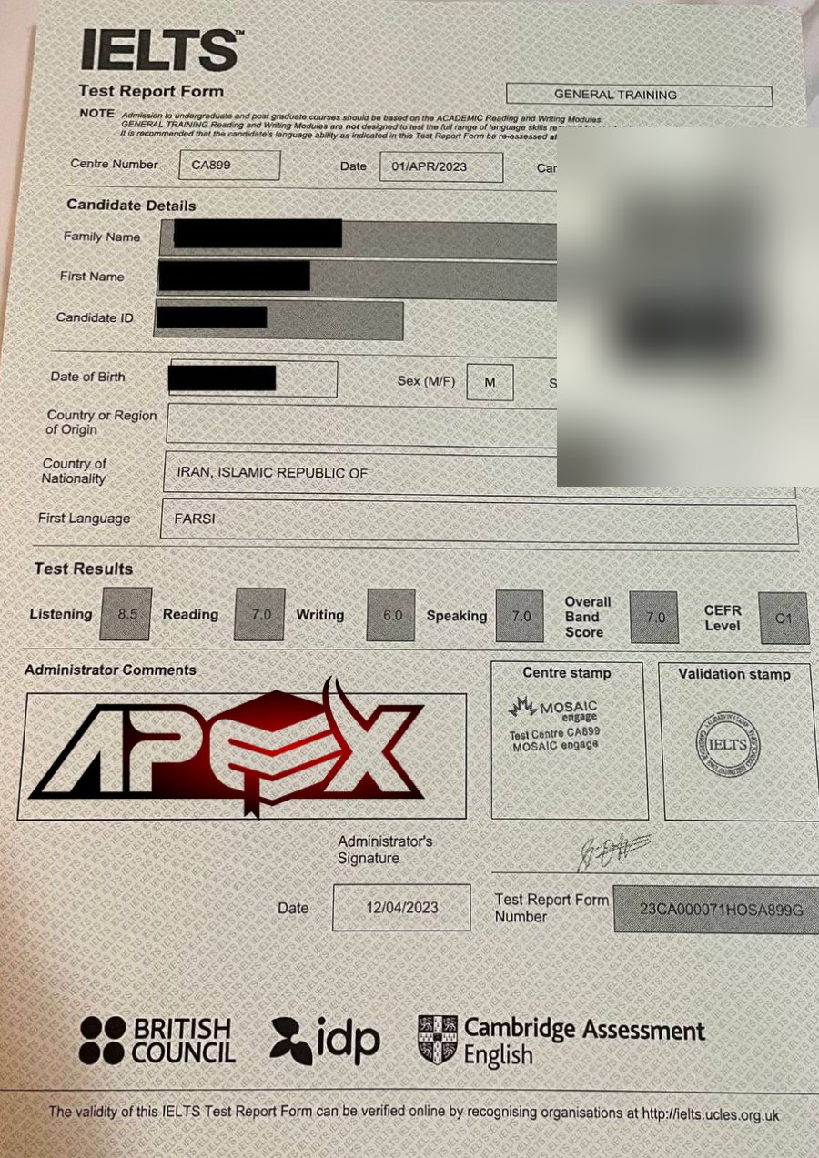 An IELTS test report form from an Apex student