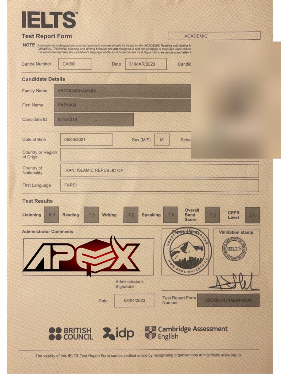 An IELTS test report form from an Apex student