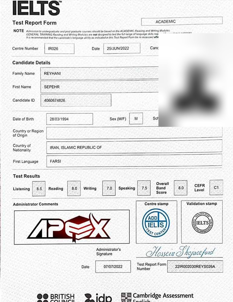 An IELTS test report form from an Apex student