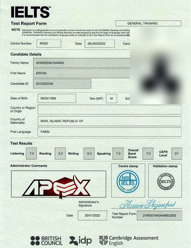 An IELTS test report form from an Apex student