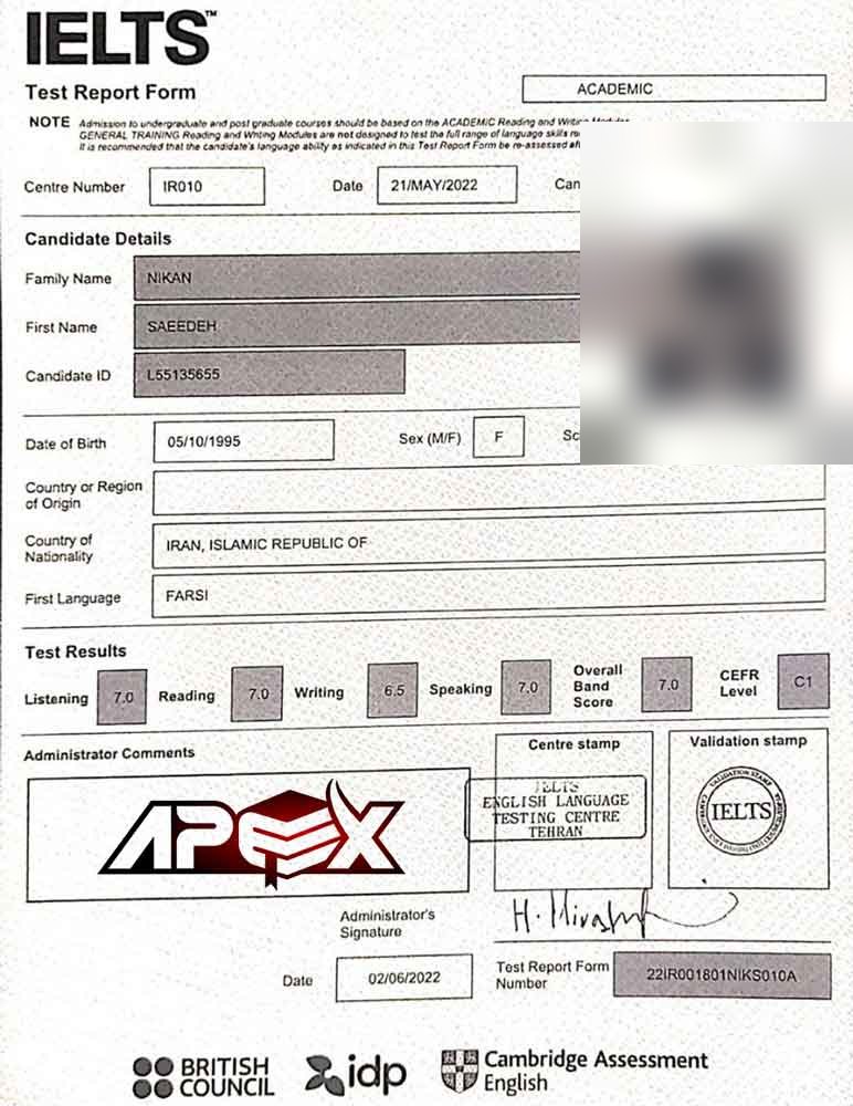 An IELTS test report form from an Apex student