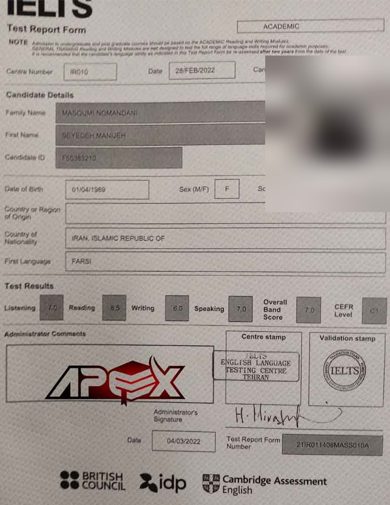 An IELTS test report form from an Apex student