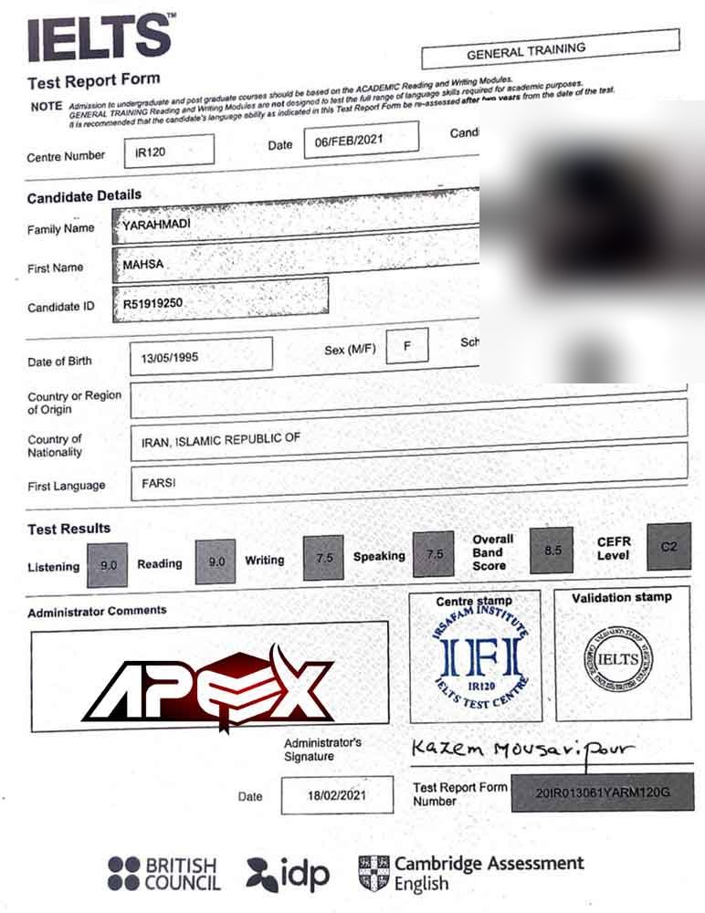 An IELTS test report form from an Apex student