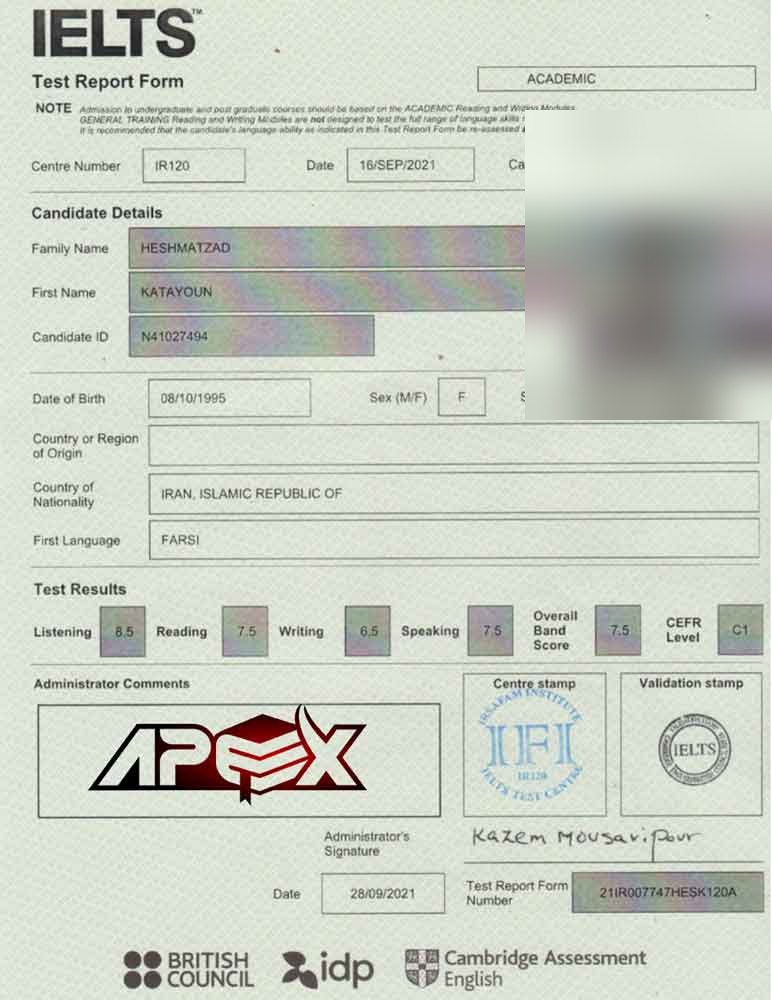 An IELTS test report form from an Apex student