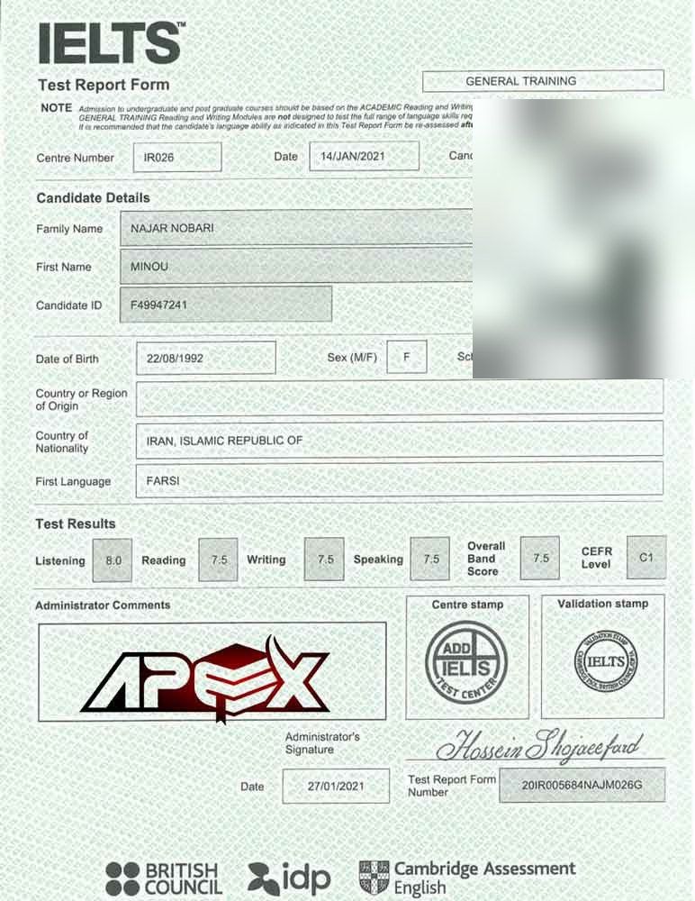 An IELTS test report form from an Apex student