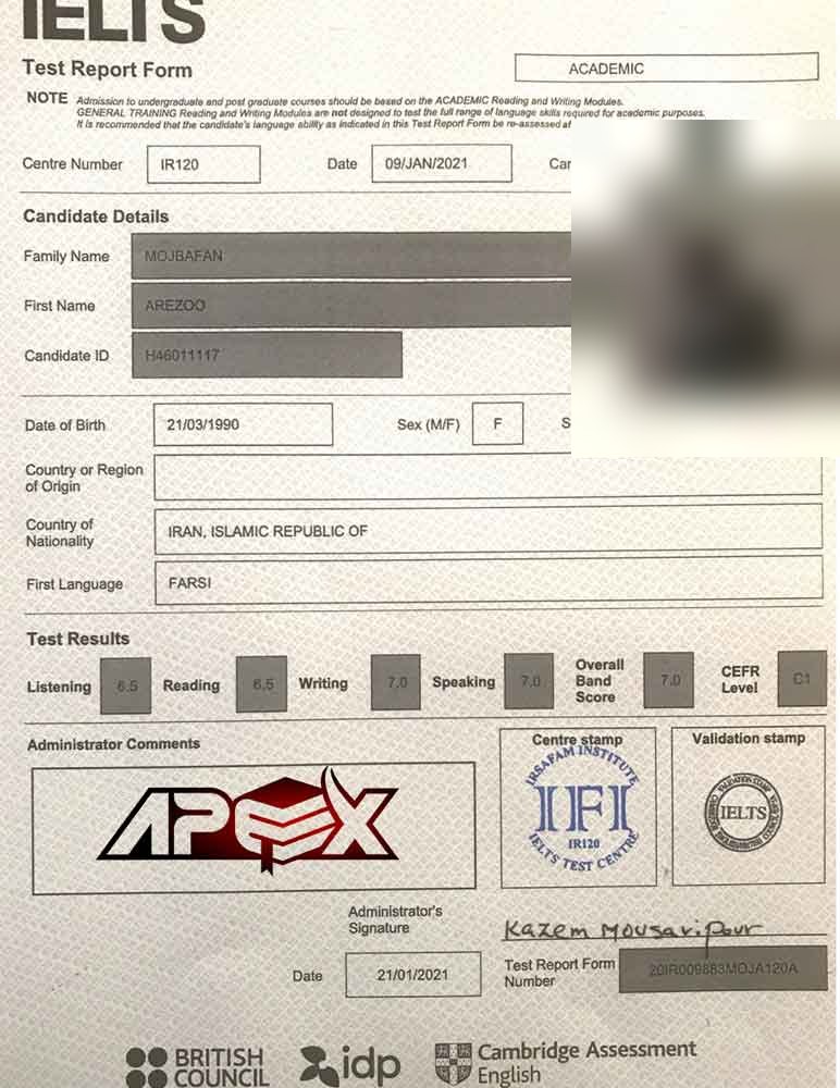 An IELTS test report form from an Apex student