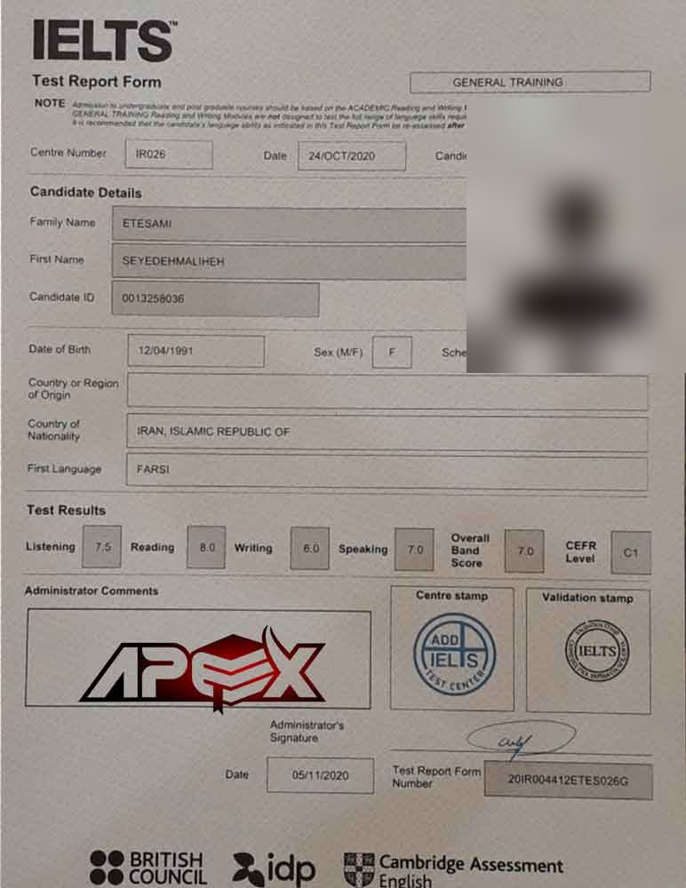 An IELTS test report form from an Apex student