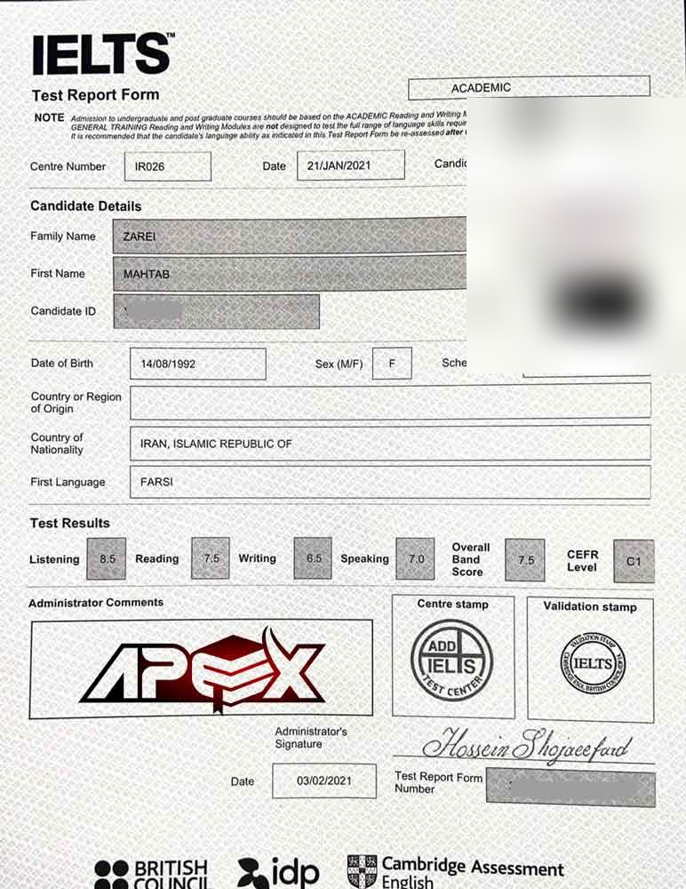 An IELTS test report form from an Apex student