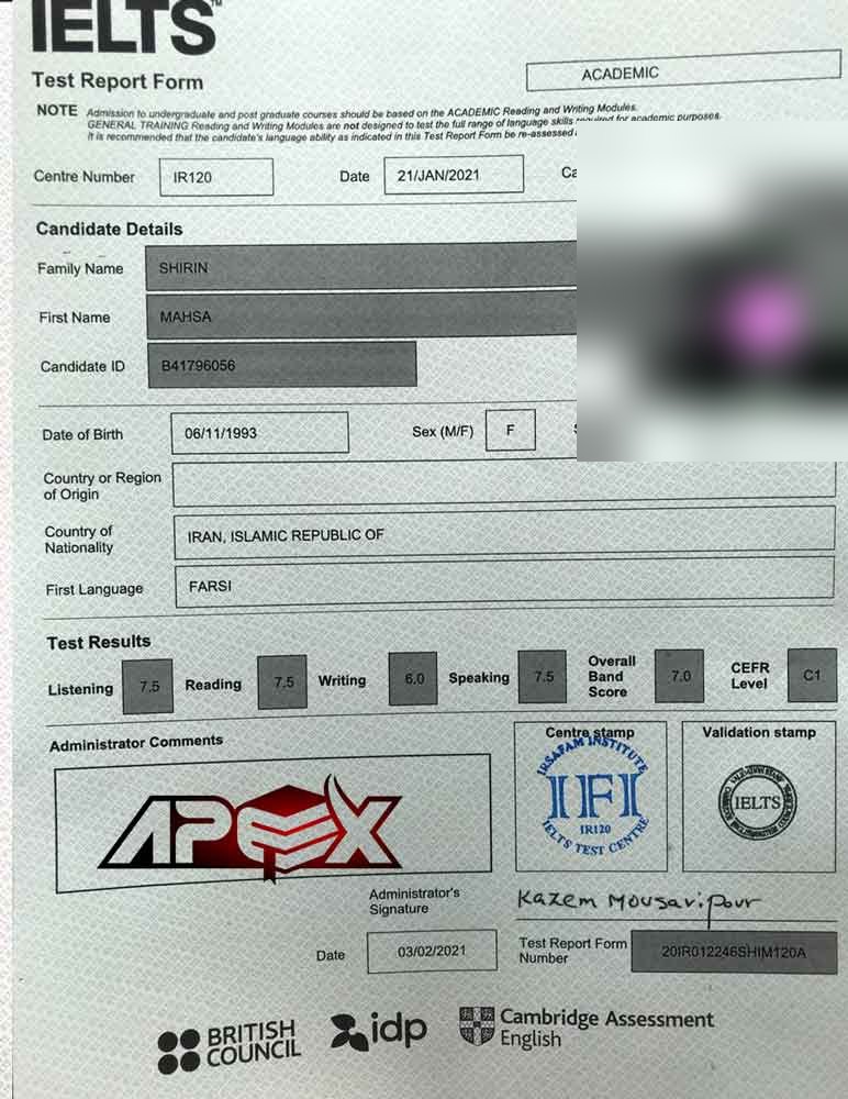 An IELTS test report form from an Apex student