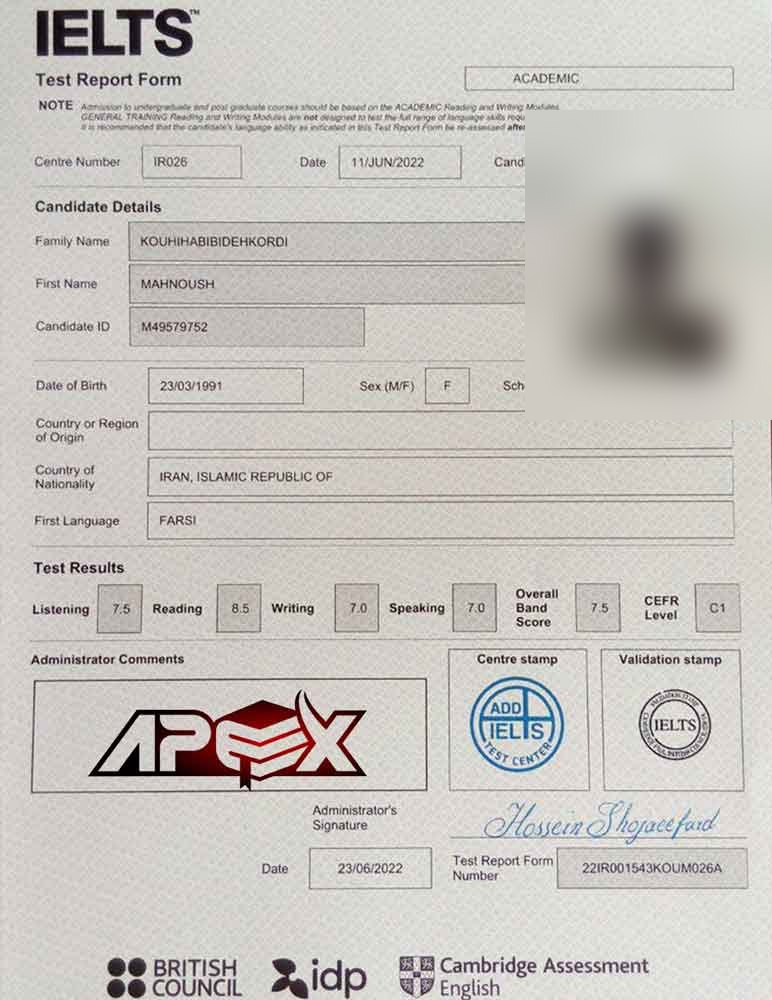 An IELTS test report form from an Apex student
