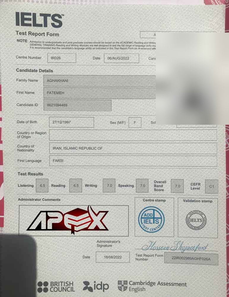 An IELTS test report form from an Apex student