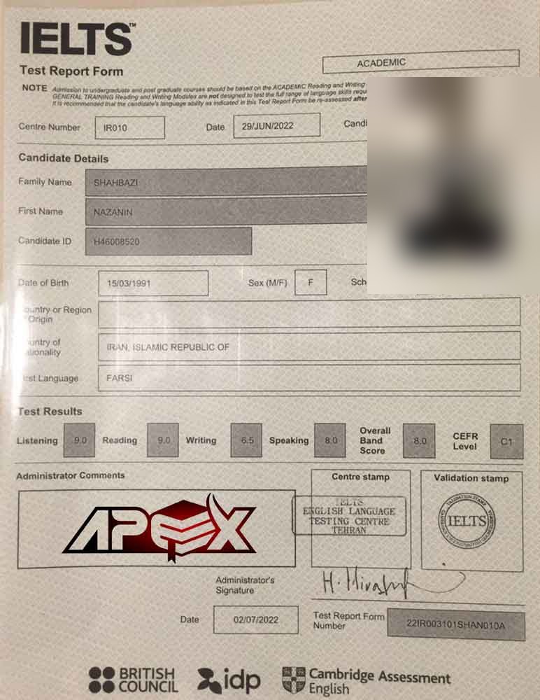 An IELTS test report form from an Apex student