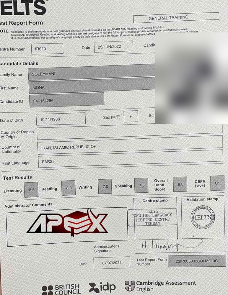 An IELTS test report form from an Apex student