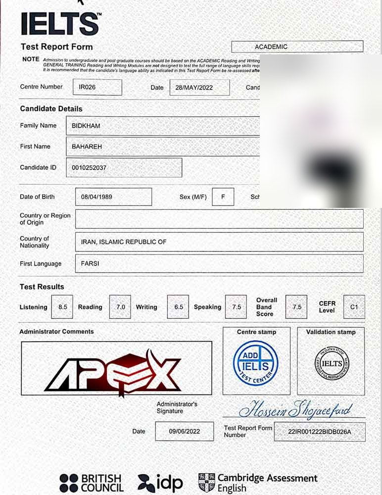 An IELTS test report form from an Apex student