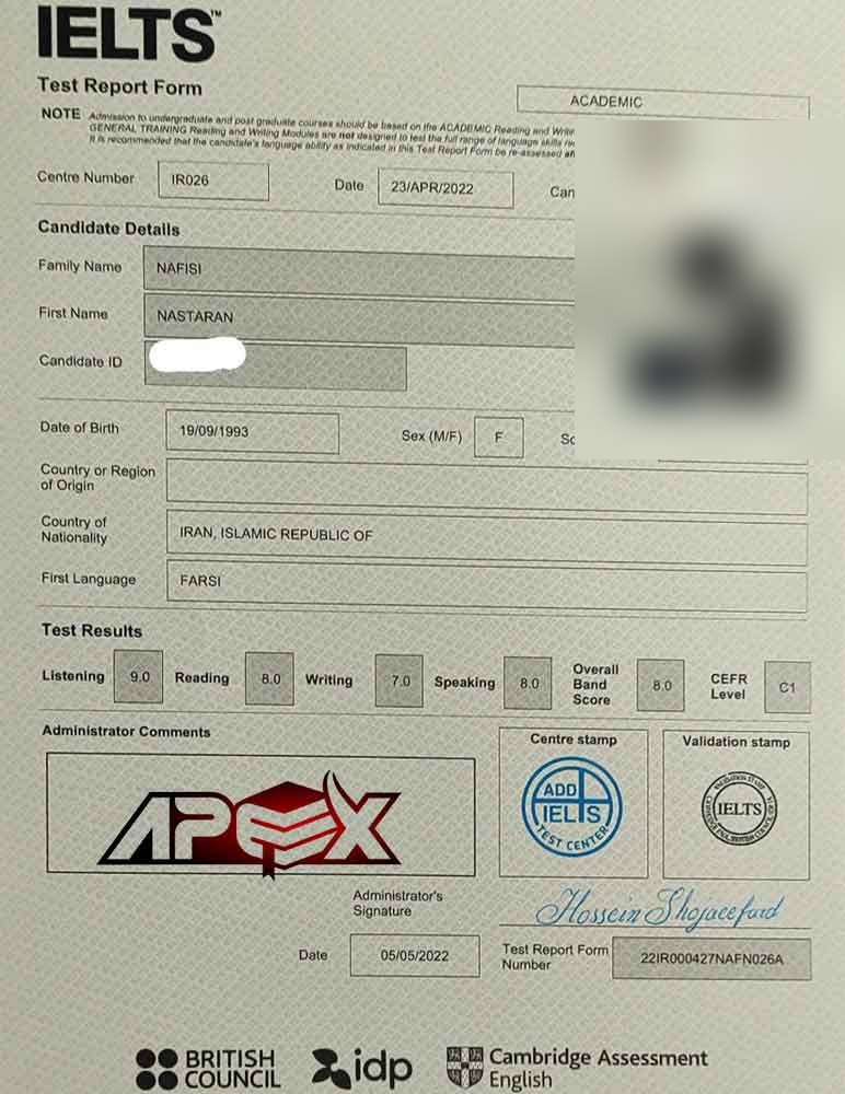 An IELTS test report form from an Apex student
