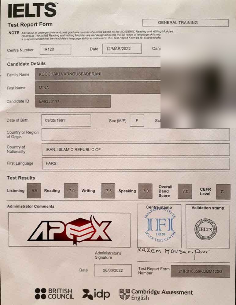 An IELTS test report form from an Apex student